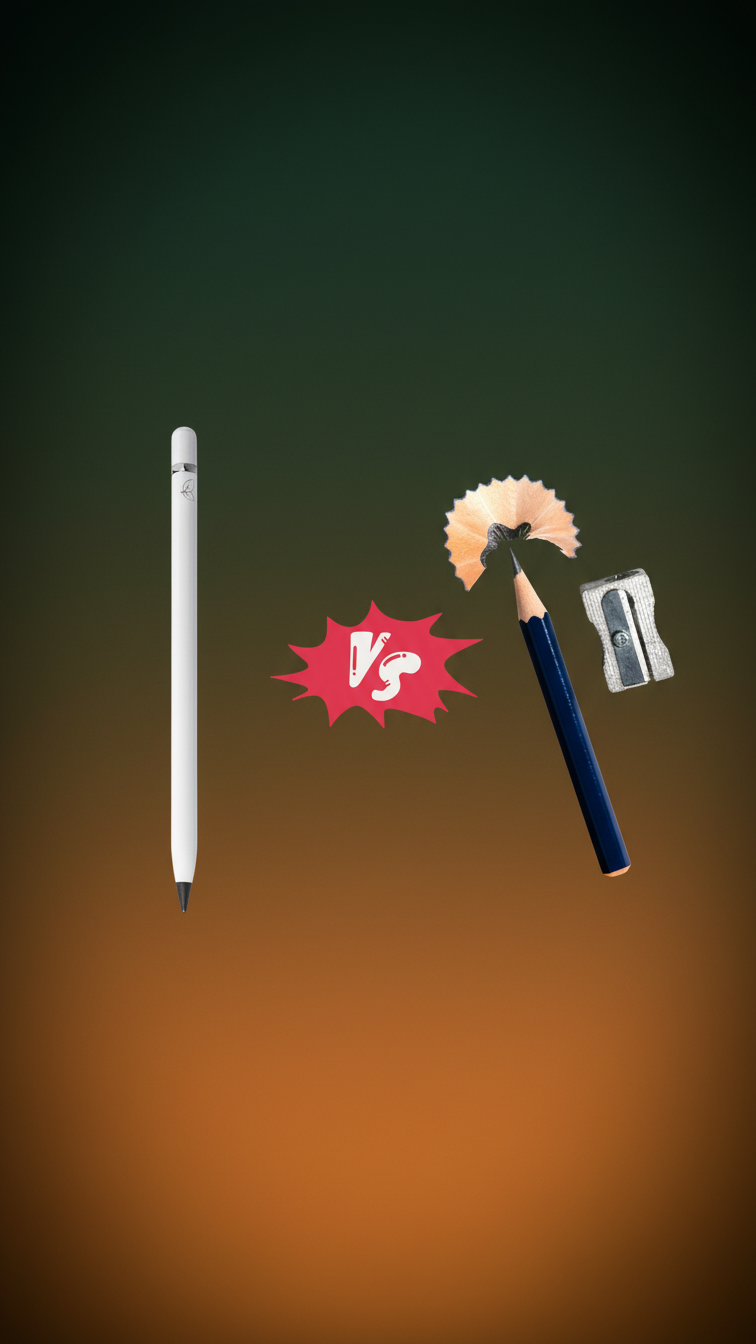 vergleich-ewiger-bleistift-vs-holzbleistift-mit-anspitzer-muell-auf-schreibtisch