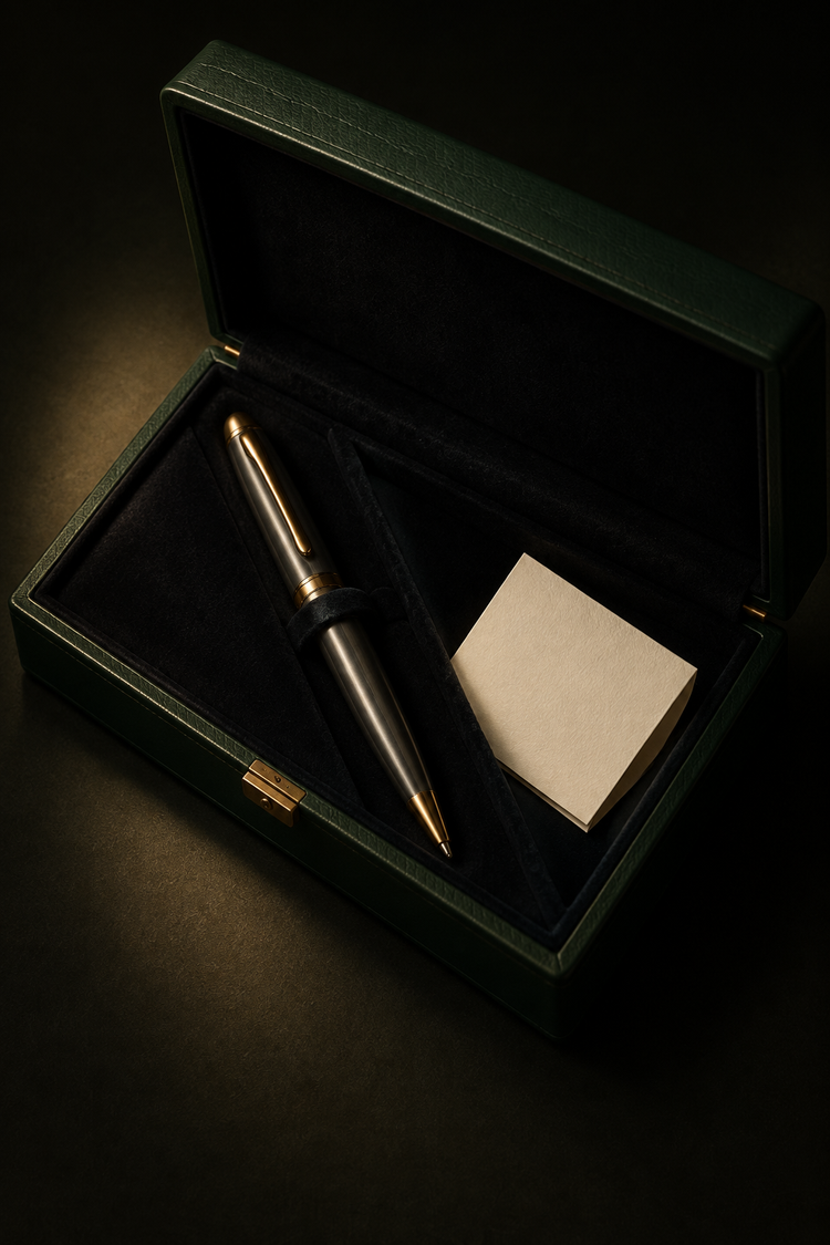 Gravierter Infinity Pen Atelier Kugelschreiber als Unikat im dunkelgrünen Etui mit Samtausschlag