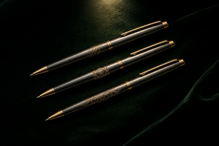 Drei Infinity Pen Atelier Kugelschreiber mit Monogramm-, Wappen- und Ornamentgravur