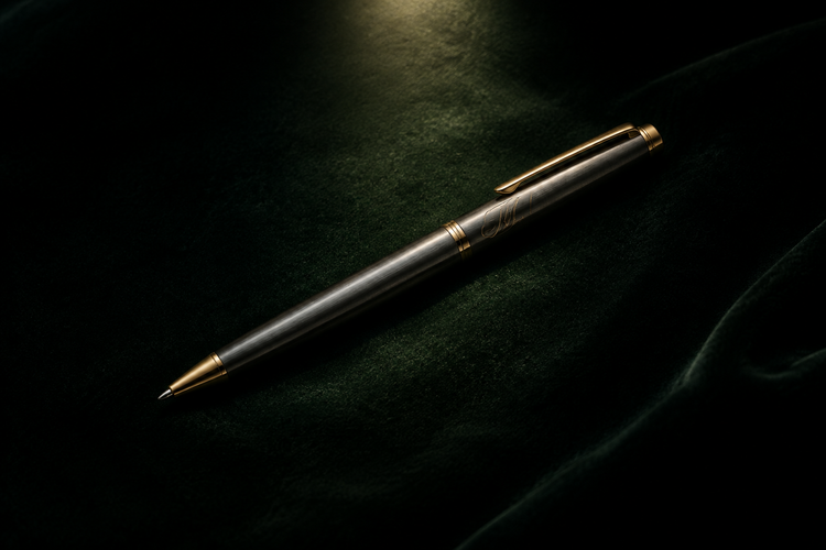 Fertiger Infinity Pen Atelier Kugelschreiber aus gebürstetem Metall mit Messingakzenten im Lichtkegel