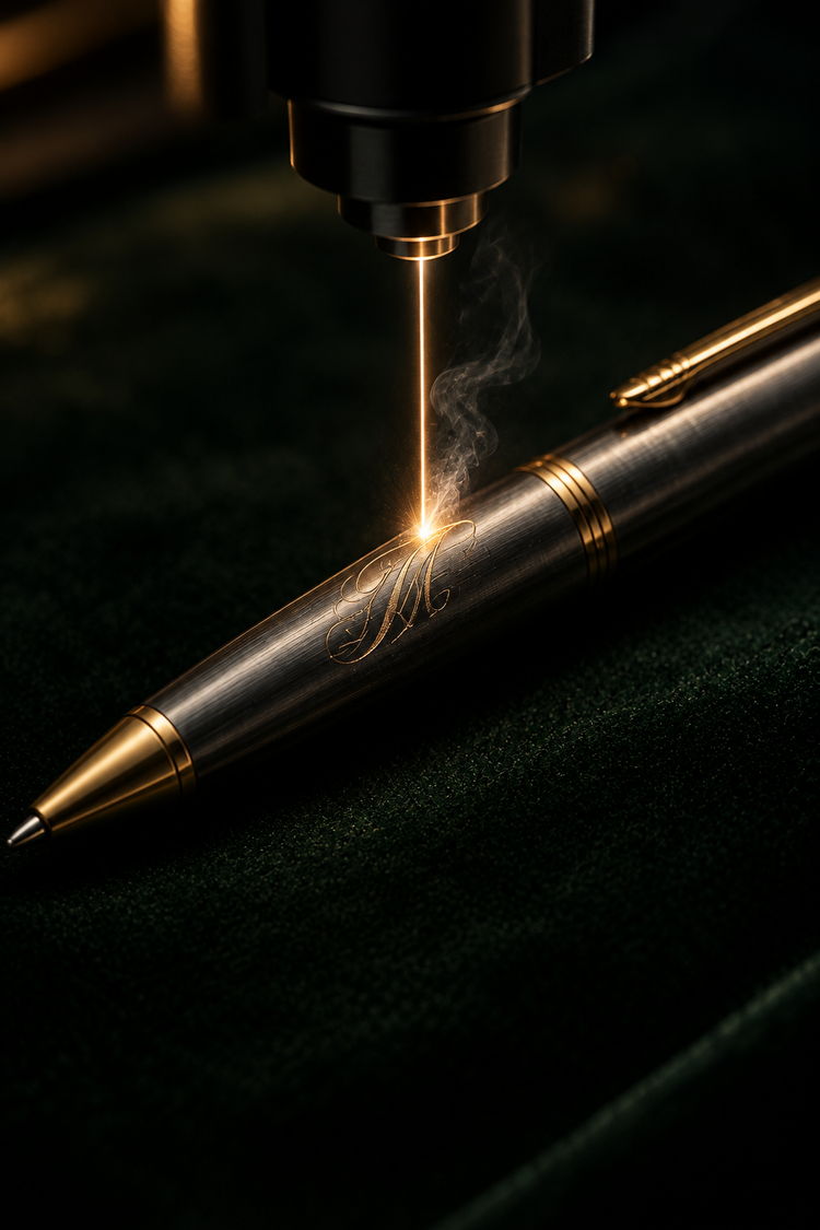 Präzisionslaser graviert ein Monogramm in einen Infinity Pen Atelier Kugelschreiber